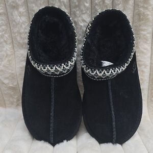 UGG Kids Black Suede Moccasin-Style Slippers with Woven Contrast Trim